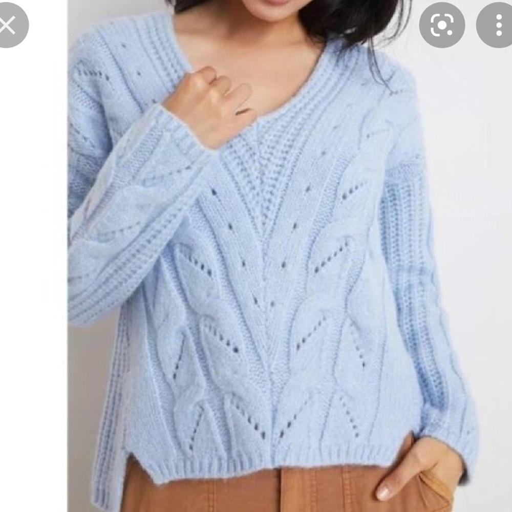 Anthropologie Pullover Chunky Knit V-Neck Sweater In Blue Size Medium